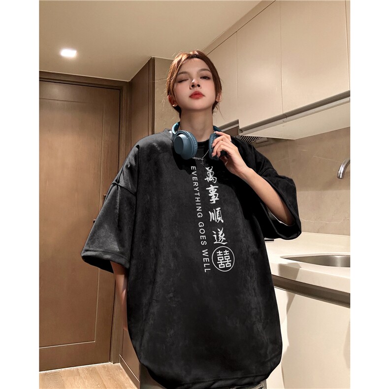 抖音得物直播品质风印花宽松麂皮绒短袖T恤djp324-特批23控39,男装T恤,星座605(原A050)