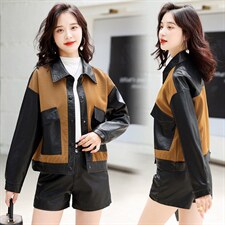 主推现货休闲短款外套女宽松小个子2022年新款时尚女士拼接皮衣，女装皮衣，江南女神