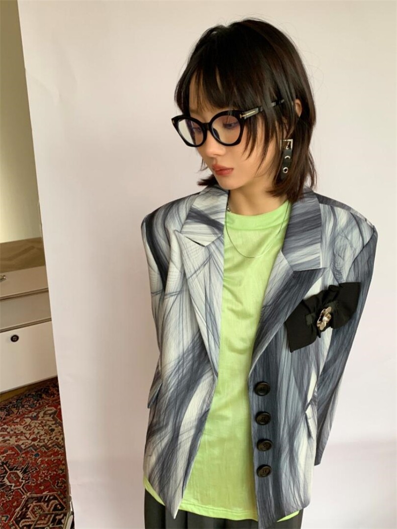 印花挺阔西装，女装西装，WAN QING万青