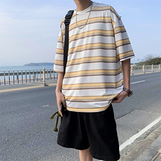 2024夏季新潮ins条纹中性风圆领男宽松透气短袖T恤，男装T恤，电商A161-2