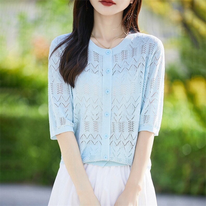 夏季新款简约时尚百搭女士菱形镂空提花圆领短袖开衫,女装T恤,暖烁羊绒