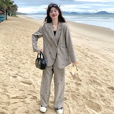 高级感时尚镂空西装套装女2025春季新款宽松休闲外套阔腿裤两件套，女装套装/套裙，2C085