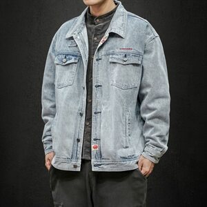 男士牛仔春秋青少年休闲时尚潮流宽松夹克衫外套DF64T,白色v领毛衣搭配什么衬衣图片