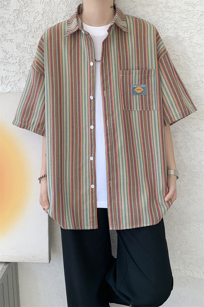 复古港风慵懒松弛感日系短袖条纹衬衫夏季情侣装短袖外套CS530P48,男装衬衫,电商D206-1
