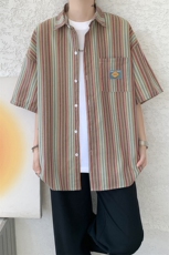 复古港风慵懒松弛感日系短袖条纹衬衫夏季情侣装短袖外套CS530P48，男装衬衫，电商D206-1