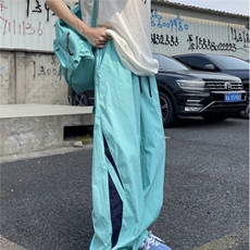 薄荷曼波风湖蓝色裤子夏季宽松阔腿hiphop街舞速干美式降落伞兵裤，男装休闲裤，星座506A