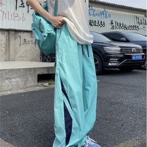 薄荷曼波风湖蓝色裤子夏季宽松阔腿hiphop街舞速干美式降落伞兵裤图片
