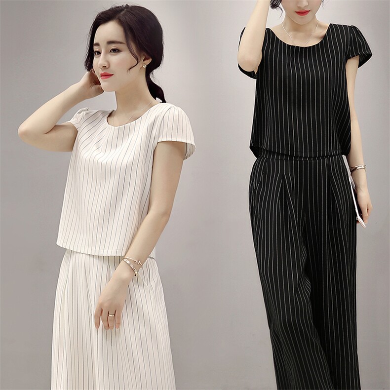 2020年夏季新款女士条纹短袖圆领显瘦阔腿裤两件套,女装套装/套裙,贵人树
