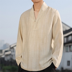 2025春夏棉麻男装新中式V领盘扣衬衫唐装风亚麻衬衣C176-P65，男装衬衫，电商B277(原6028)