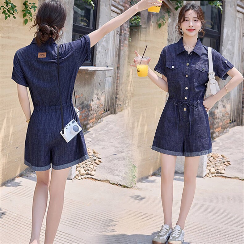 牛仔宽松连体裤女2025夏季新款网红小个子连身短裤高端外穿连衣裤，女装连体裤，E百度