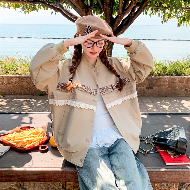 米咖色蕾丝花边棒球服短外套女2025春秋季新款小香风显瘦夹克上衣，女装短外套，浙宝A馆126