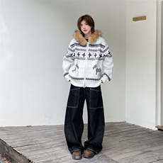 重磅北极绒座山雕毛衣外套冬美式复古休闲慵懒风大毛毛领针织开衫，男装针织衫/毛衣，电商A486-1