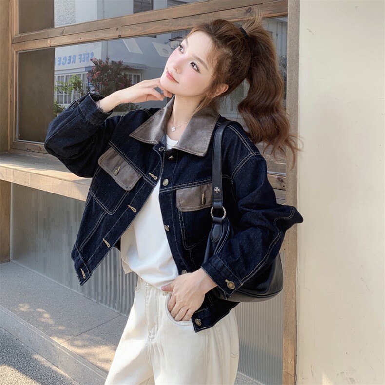 新款主推拼接PU牛仔外套2617-P135-K218,女装短外套,2C129