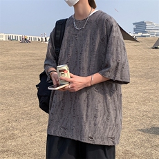 T8042/P30夏季破洞短袖T恤男个性设计感大码重磅宽松上衣，男装T恤，电商A141