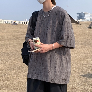 T8042/P30夏季破洞短袖T恤男个性设计感大码重磅宽松上衣图片