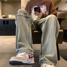 牛仔裤男女高街vibe潮流百搭阔腿裤子美式复古直筒加绒休闲长裤潮，男装牛仔裤，星座601-2