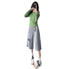 韩系减龄时尚套装女夏季新款绿色波点网纱上衣破洞牛仔中裤两件套，女装套装/套裙，江南