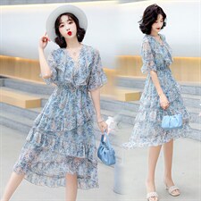 早春碎花雪纺连衣裙女夏2025年新款女装显瘦时尚气质仙女蛋糕裙子，女装连衣裙，妙形