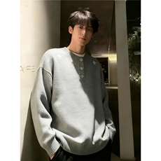 现货黑色老钱风亨利领刺绣毛衣男M471特P50，男装针织衫/毛衣，星座205-3