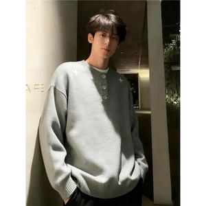 现货 黑色老钱风亨利领刺绣毛衣男M471特P50图片
