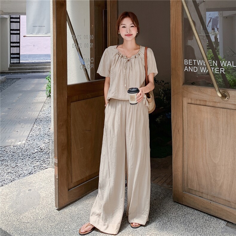 短袖上衣高腰阔腿裤时尚套装女2025年夏季新款韩系休闲显瘦两件套,女装套装/套裙,2C262