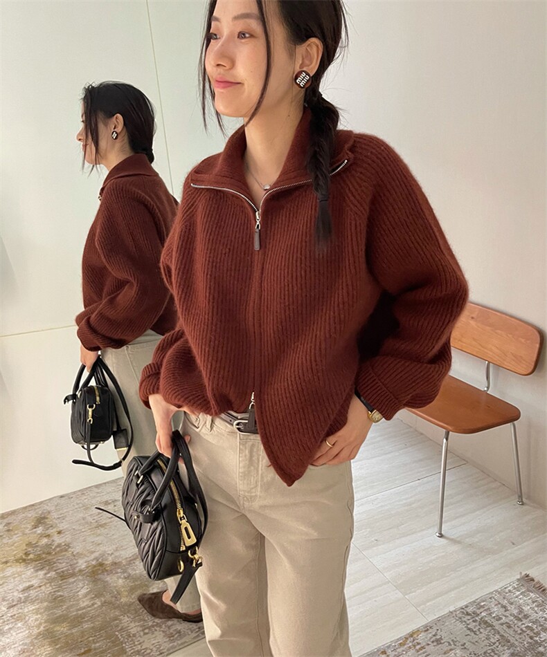 元宝针宽松加厚高领山羊绒开衫秋冬新款针织衫女宽松拉链毛衣外套,女装羊毛衫,若菲羊绒