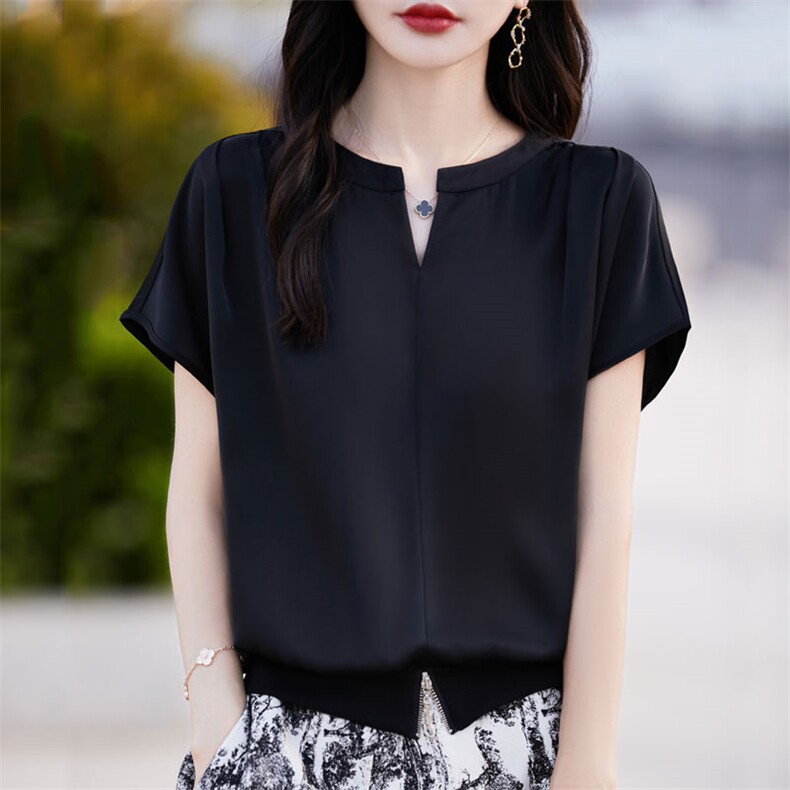 半开领醋酸真丝短袖女24夏季薄款缎面拉链上衣宽松百搭半袖打底衫图片