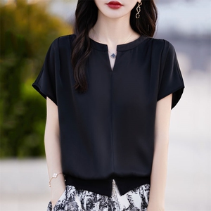 半开领醋酸真丝短袖女24夏季薄款缎面拉链上衣宽松百搭半袖打底衫图片