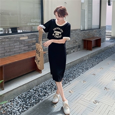 休闲运动黑色假两件T恤连衣裙女夏2025新款简单大方裙子独特漂亮，女装连衣裙，2D148