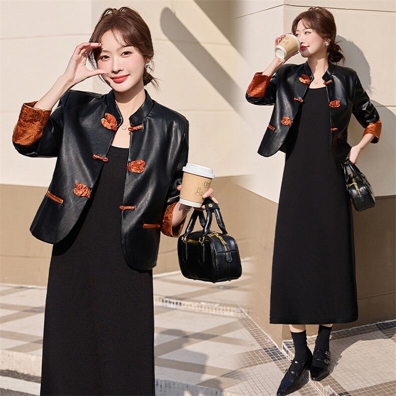 水洗皮直筒型长袖春季短款皮衣排扣大码韩系温婉风春秋显瘦气质，女装皮衣，依万里