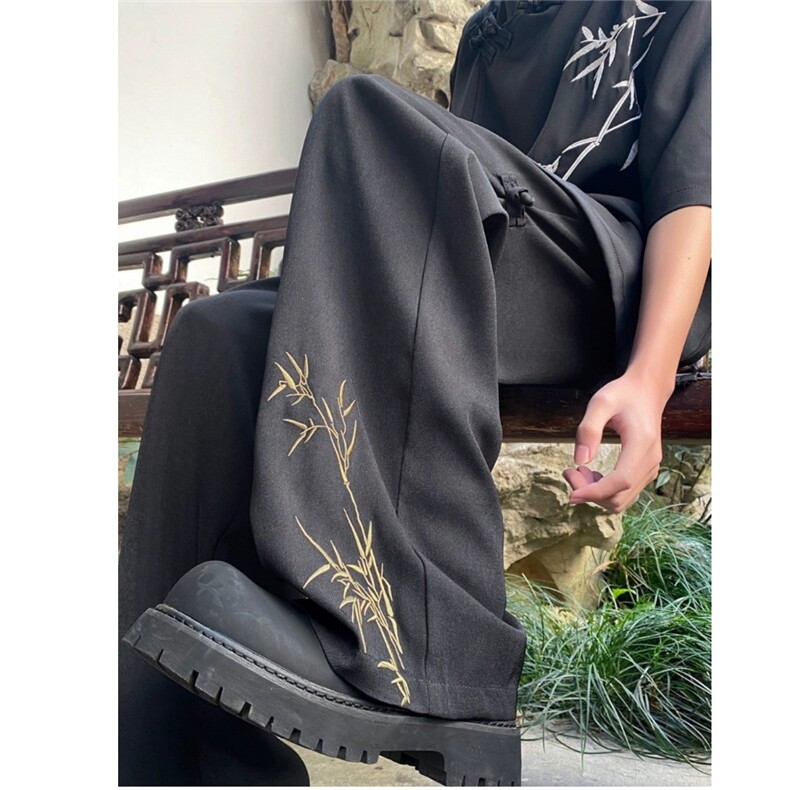 新中式风竹子刺绣潮牌冰丝裤子男直筒休闲西装长裤夏XH201图片