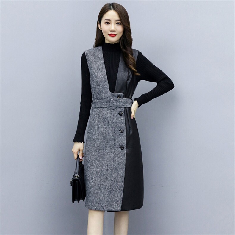 冬装新款潮流时尚人字呢拼皮背心裙两件套舒适修身（配腰带）,女装套装/套裙,岚衣(原川流布茜）
