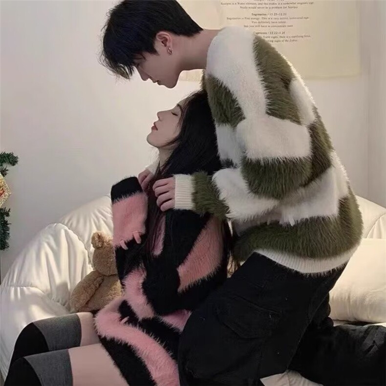 7334-P58水貂绒毛衣男高级感秋冬宽松慵懒风加厚撞色条纹情侣款,男装针织衫/毛衣,电商B323A