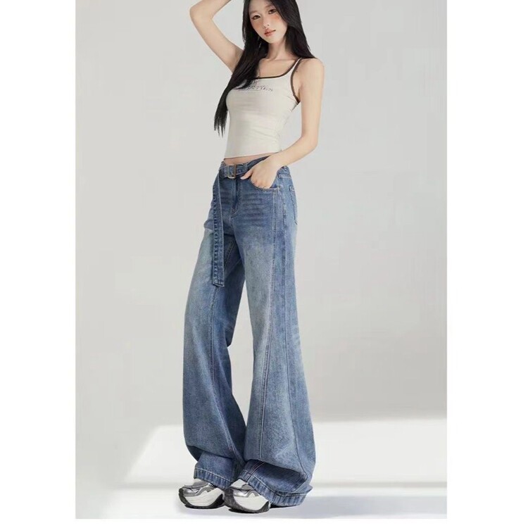 秋冬新款美式复古拼接微喇叭牛仔裤女显瘦设计感腰带马蹄阔腿裤子,男装牛仔裤,星座218-8