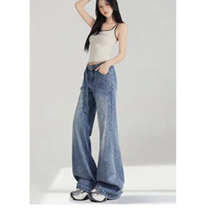 秋冬新款美式复古拼接微喇叭牛仔裤女显瘦设计感腰带马蹄阔腿裤子，男装牛仔裤，星座218-8