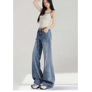秋冬新款美式复古拼接微喇叭牛仔裤女显瘦设计感腰带马蹄阔腿裤子图片