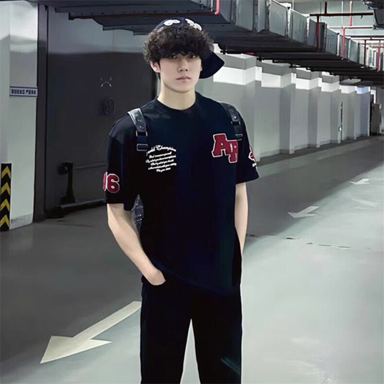 万针全刺绣工艺抖音得物高品质260克重磅纯棉双纱美式高街短袖T恤,男装T恤,电商A486-1