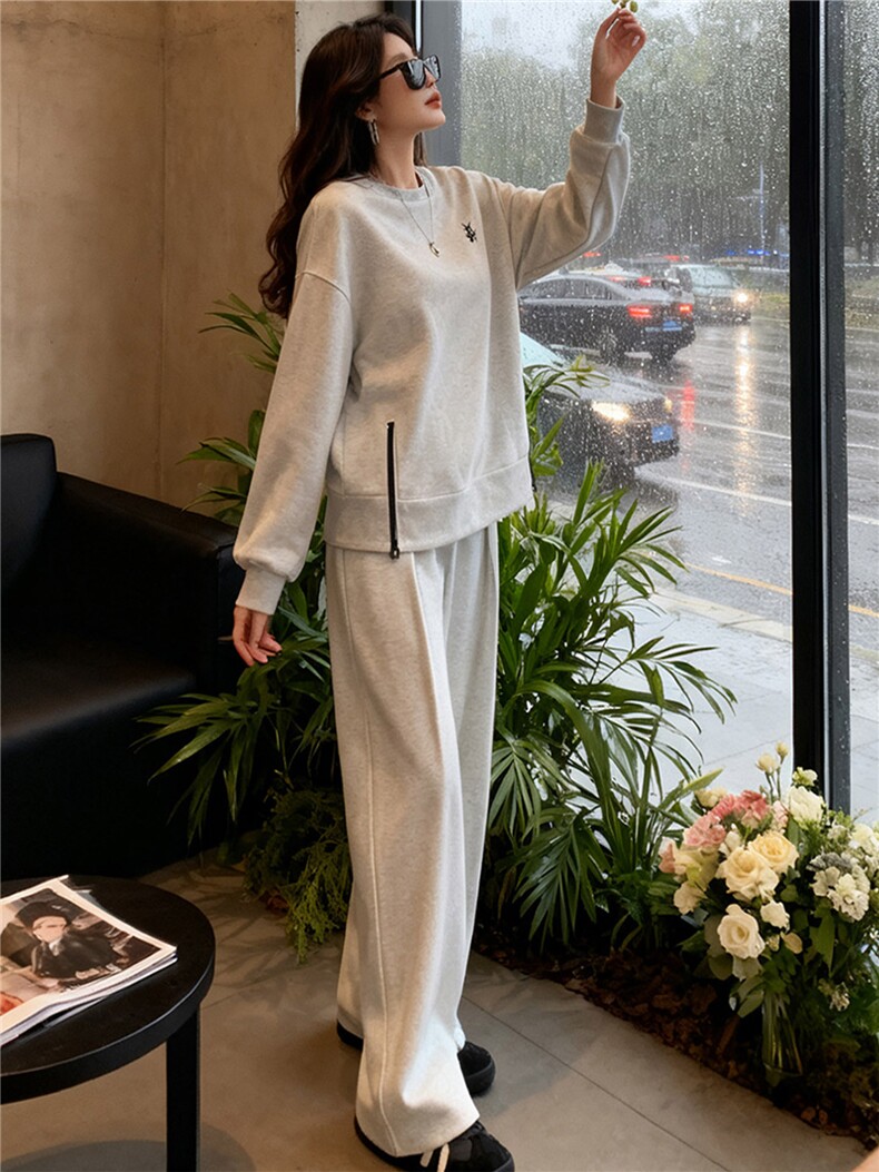 休闲运动套装女秋季新款宽松洋气减龄纯色圆领卫衣直筒长裤两件套,女装套装/套裙,江南