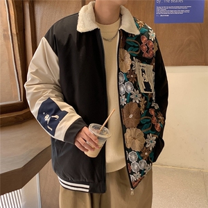 1港风外景刺绣拼接翻领羊羔毛大码M-5XL棉衣外套男8723P110控148,男装棉衣,星座226-2