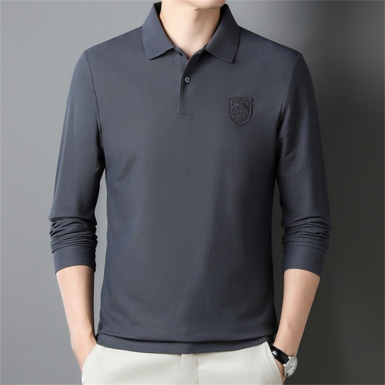 长袖T恤男翻领纯色Polo衫春秋季中年男士商务休闲体恤衫刺绣上衣，男装Polo衫，电商B212（原钱塘6029）