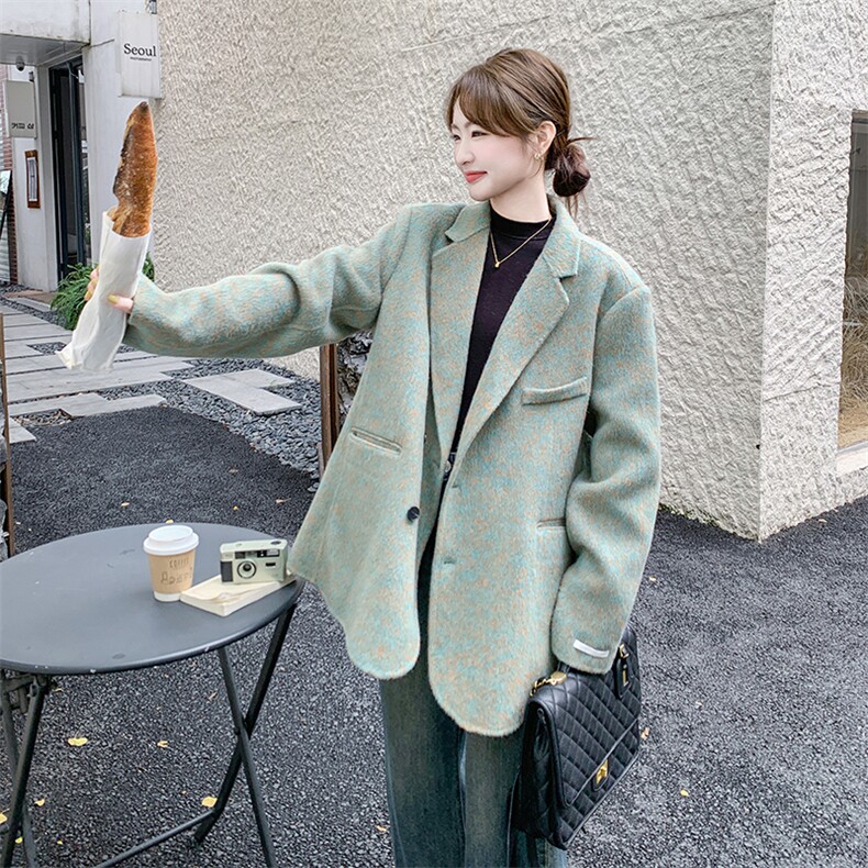 独特超好看绿色毛呢西装厚外套女秋冬韩系气质高级感夹棉呢子大衣,女装毛呢外套,2C262