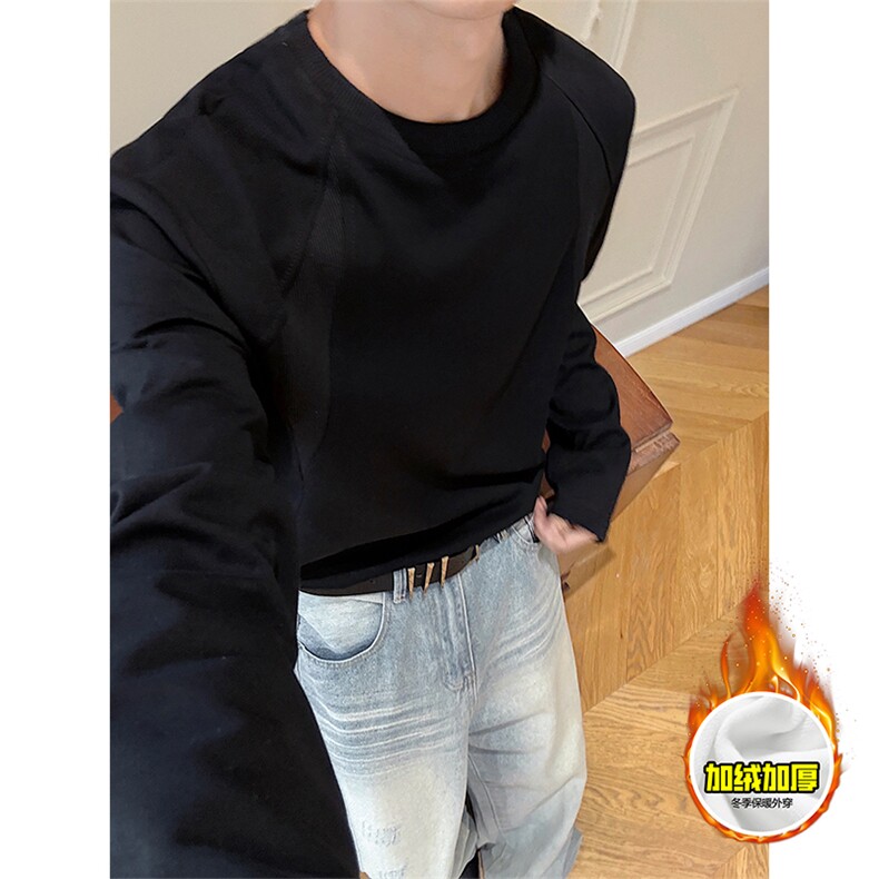 抖音得物高品质美式高街重磅曼巴棉cleanfit螺纹拼接卫衣长袖T恤，男装T恤，电商A486