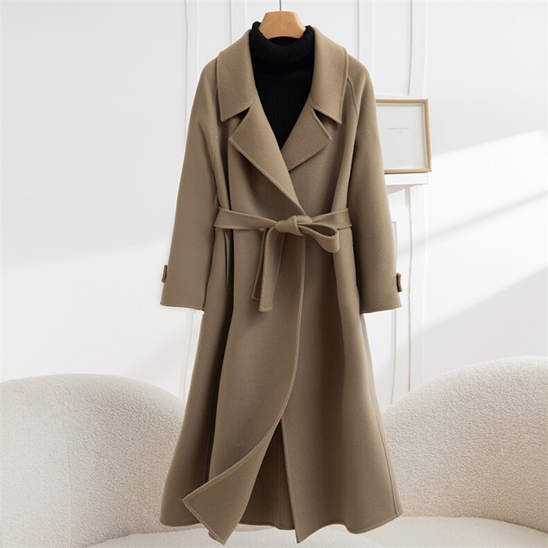 2025年秋季长袖常规系带大衣舒适时尚百搭通勤简约大衣，女装毛呢外套，怡欣双面呢工厂店