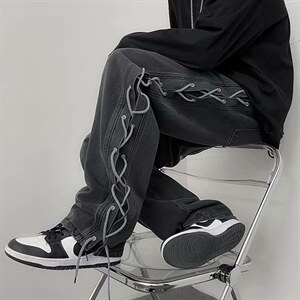 牛仔裤男秋冬2023新款美式炸街嘻哈阔腿长裤K835P50图片