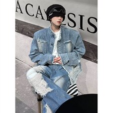 做旧毛边牛仔外套痞帅设计感男女复古水洗渐变宽松夹克上衣JK615，男装工装外套，星座516A