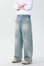 高品质韩系浅蓝色宽松美式高街水洗直筒阔腿裤cleanfit牛仔裤P79，男装牛仔裤，星座216-1