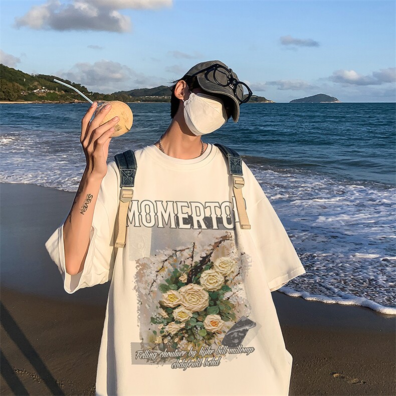 港风油画花朵创意印花夏季重磅落肩袖短袖t恤B239-1271-P28,男装T恤,星座514-2(原B239)