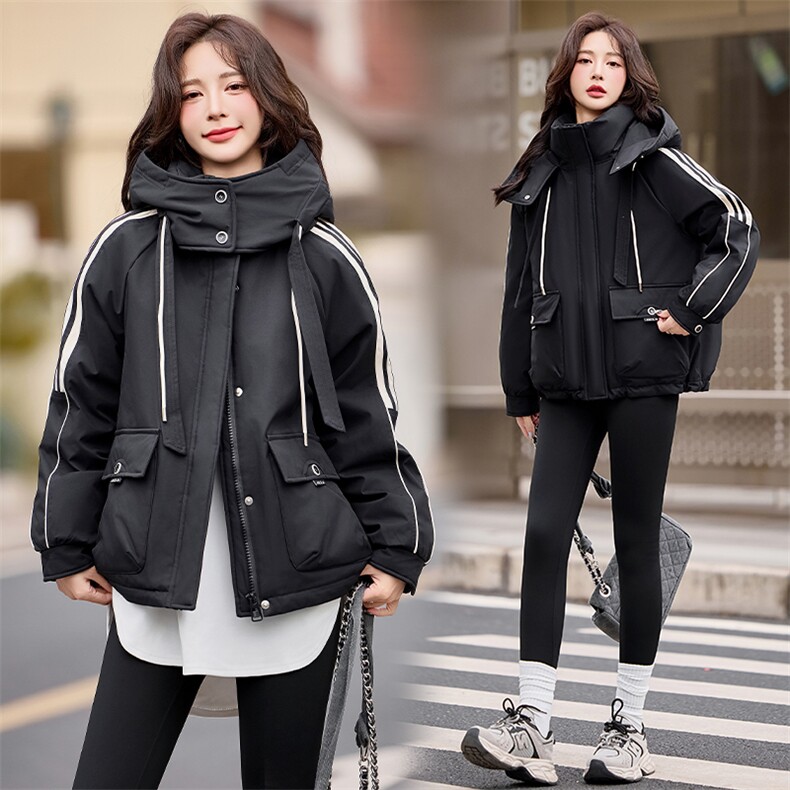 休闲时尚撞色工装派克羽绒服女2024冬新款加厚连帽保暖白鸭绒外套,女装羽绒服,采品优优