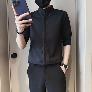 夏季冰丝短袖衬衫男垂感立领寸衫休闲痞帅2026新款五分袖白色图片