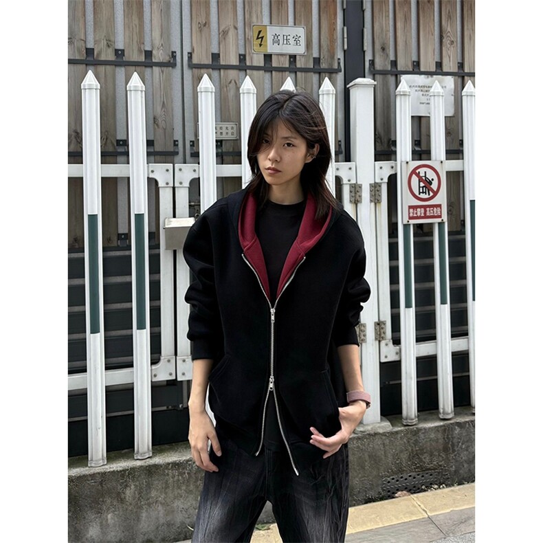 重磅高品质硬挺boxy26春装美式高街结构撞色拼接连帽卫衣开衫外套图片
